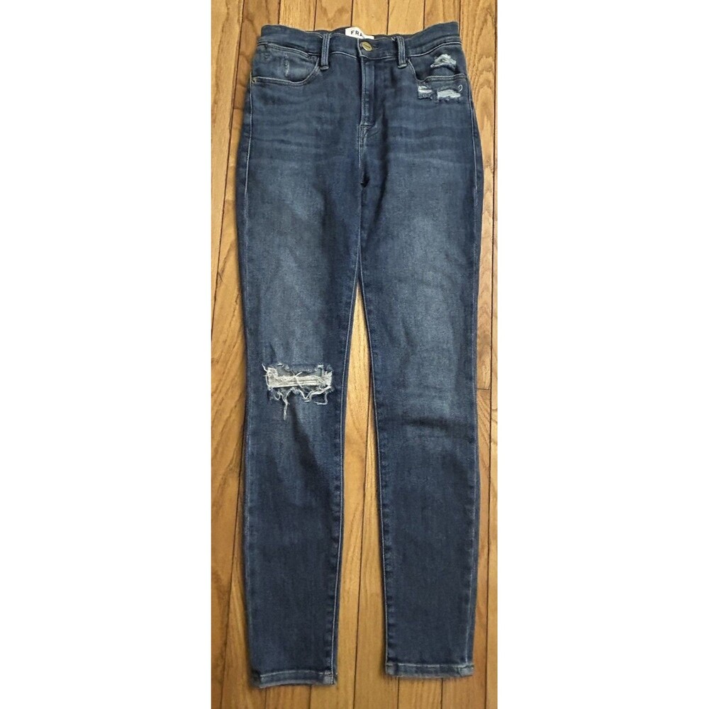 FRAME Women's Sz 26 Jeans Blue Distressed Skinny Fit High Rise Preppy Boho Chic